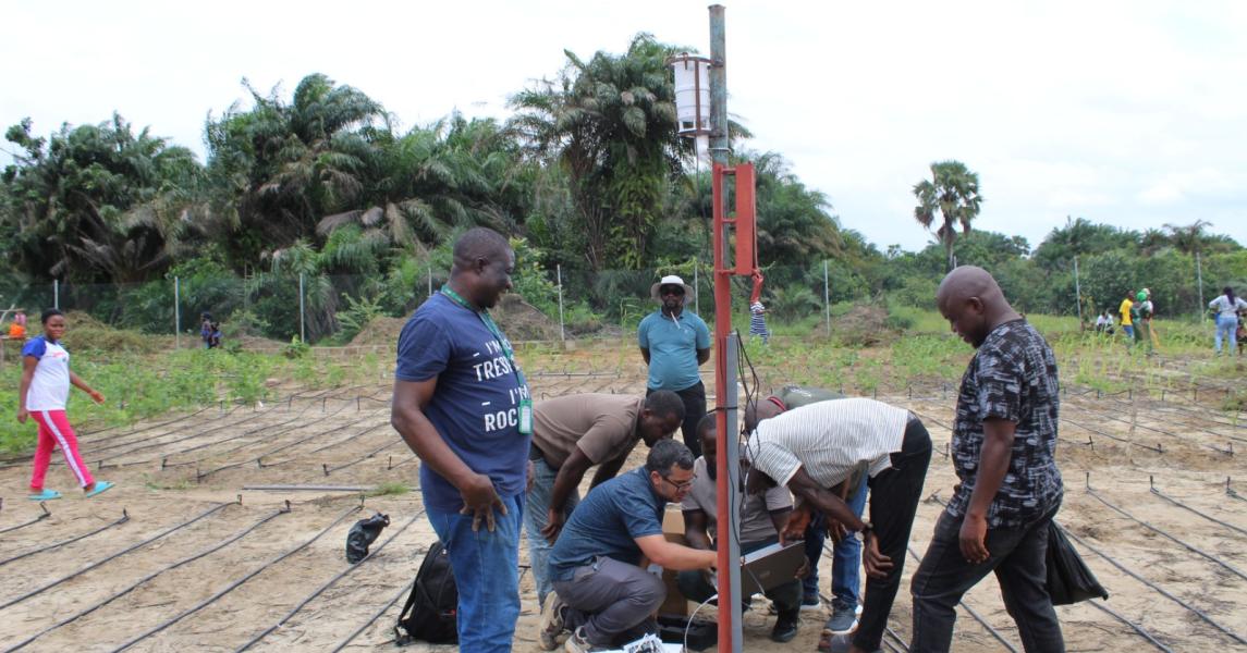 CARI‑SADFONS Project’s technical team prepares scientific sensors ahead of installation at the Best Practice Hub in Buchanan. The setup ensures accurate monitoring of soil moisture, water quality, and weather conditions to support climate‑smart agriculture and enhance crop productivity.