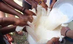 Farmers and students, working closely with the CARI nutritionist, carefully sieve freshly prepared soybean milk.