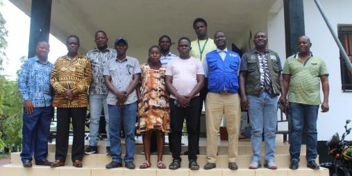 Representatives of the NOURISH Family Farms Project and partner institutions pose for a group photo with Dr. Arthur Bob Karnuah and the CARI team following the Joint Technical Working Group meeting focused on strengthening collaboration for organic agriculture, improved nutrition, and resilient livelihoods in Liberia.