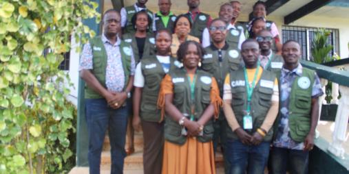 Dr. Arthur Bob Karnuah and Dr. James S. Dolo are flanked by research officers and research assistants ahead of departure for the survey, at CARI's Science Building in Suakoko